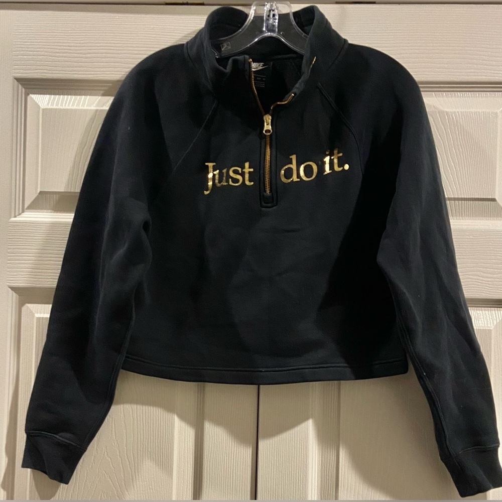 Nike Black Half Zip Cropped Just Do It Sweatshirt w/Gold Lettering Sz XS